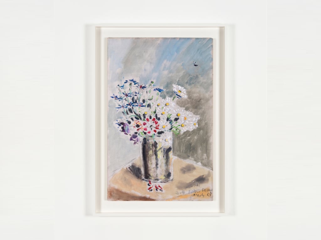Oil on canvas painting of a vase of flowers on a table.