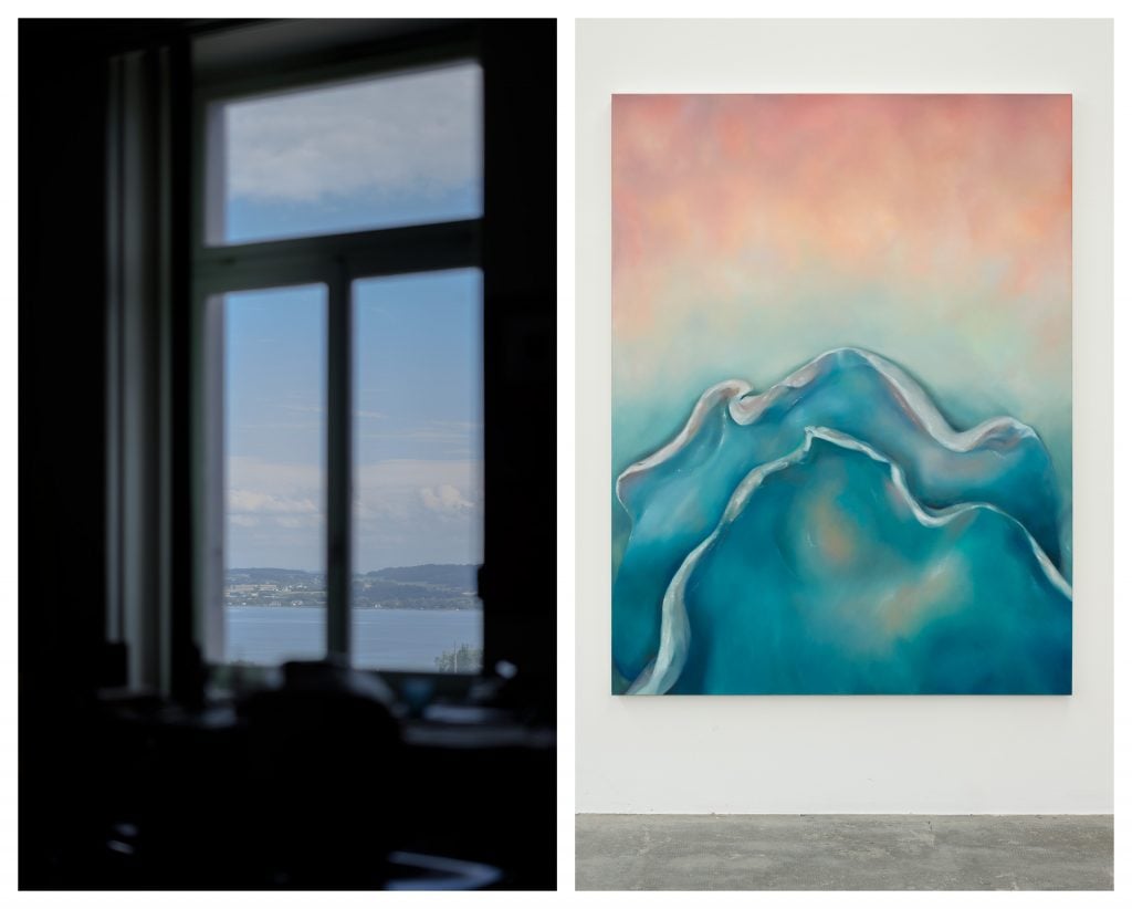 In the studio of Francisco Sierra, views of Lake Morat from his window (left) and his new work <i>La Vague</i> (2024) (right). Photos: Sebastien Verdon
