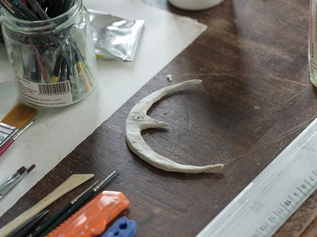 a moon prop on a wooden table