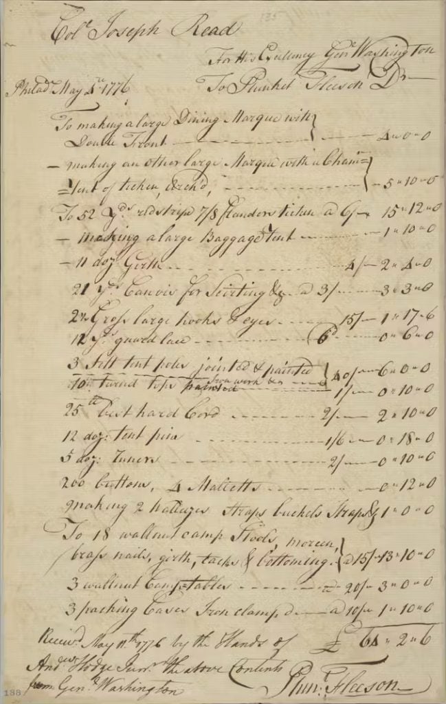 The receipt for George Washington's war tents, written by Plunket Fleeson in an old fashioned script on yellowed paper.
