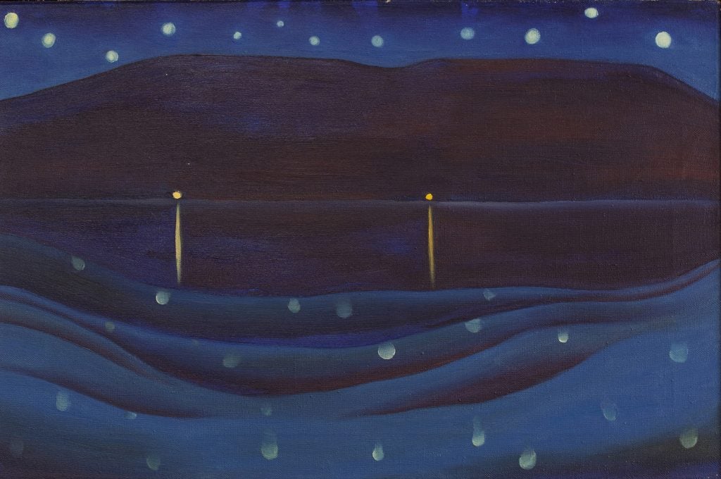 A Georgia O'Keeffe nightscape showing stars reflected in a placid lake