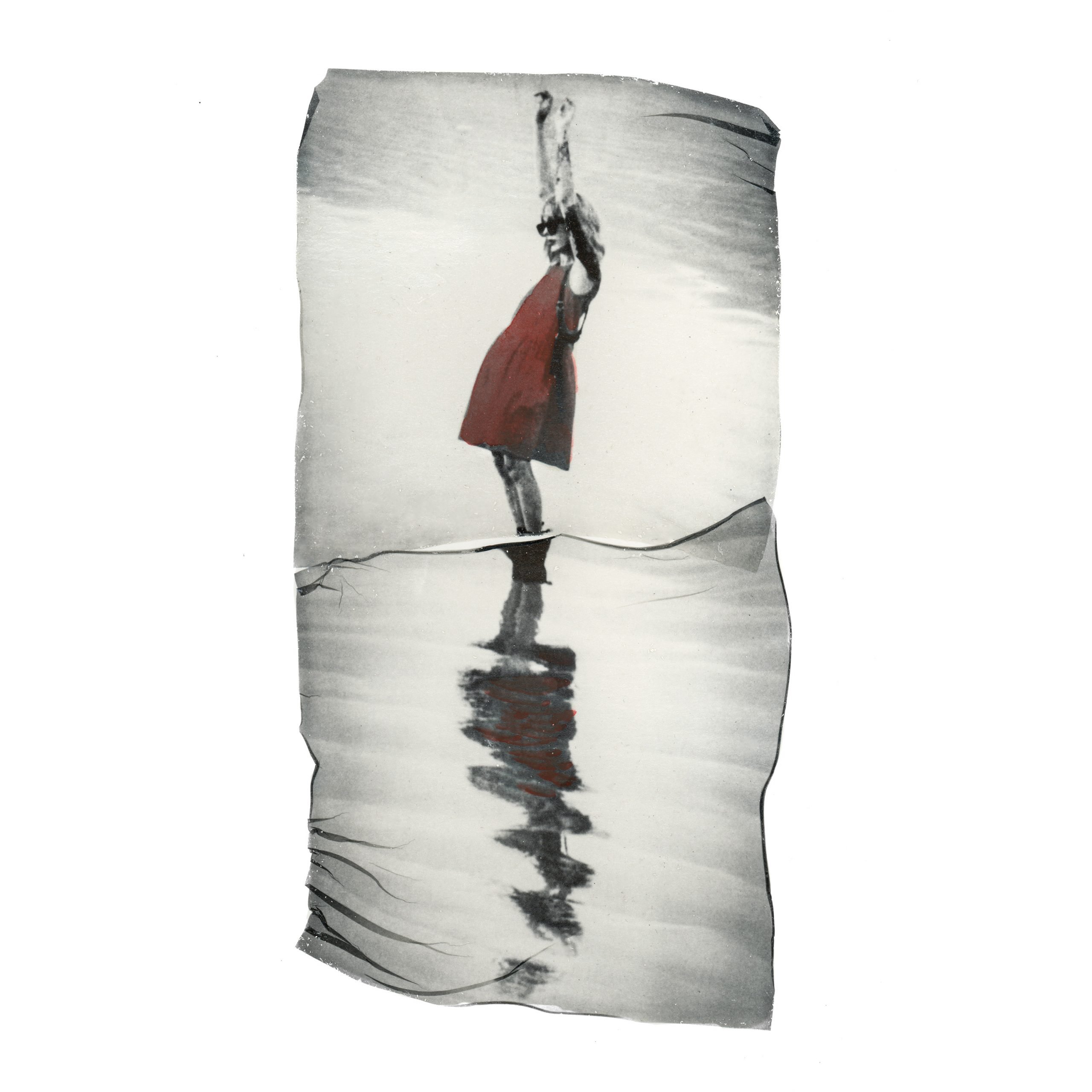 Polaroid lift by Hannah Harbour showing a woman in a red dress standing by a body of water