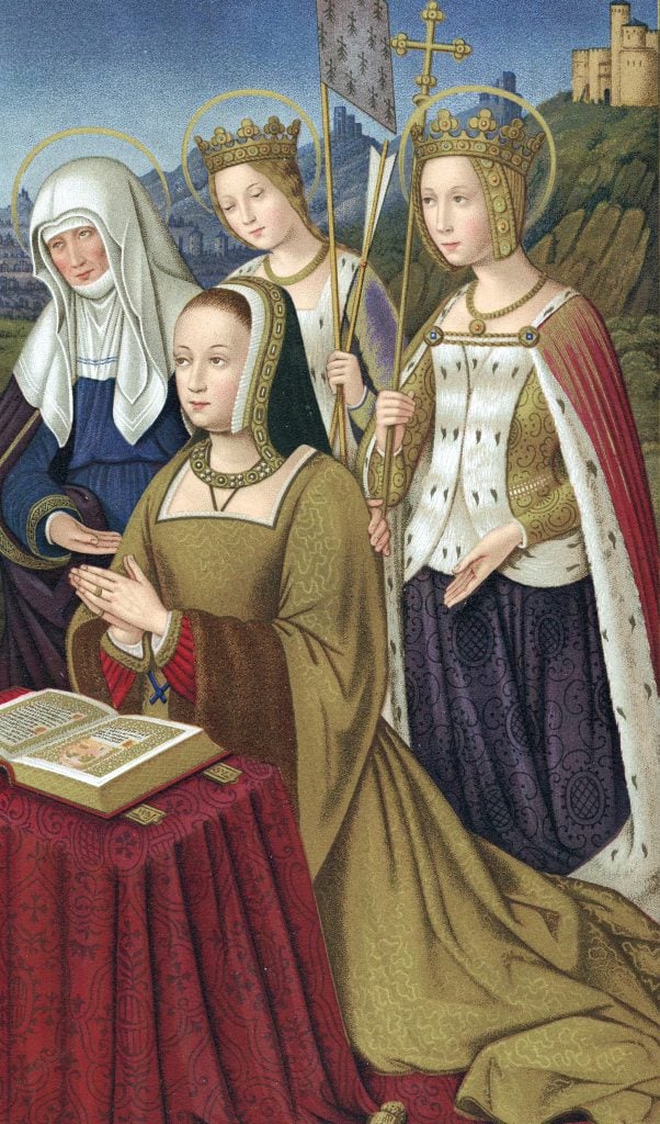 A painting showing Anne of Brittany at prayer supported by her patron saints