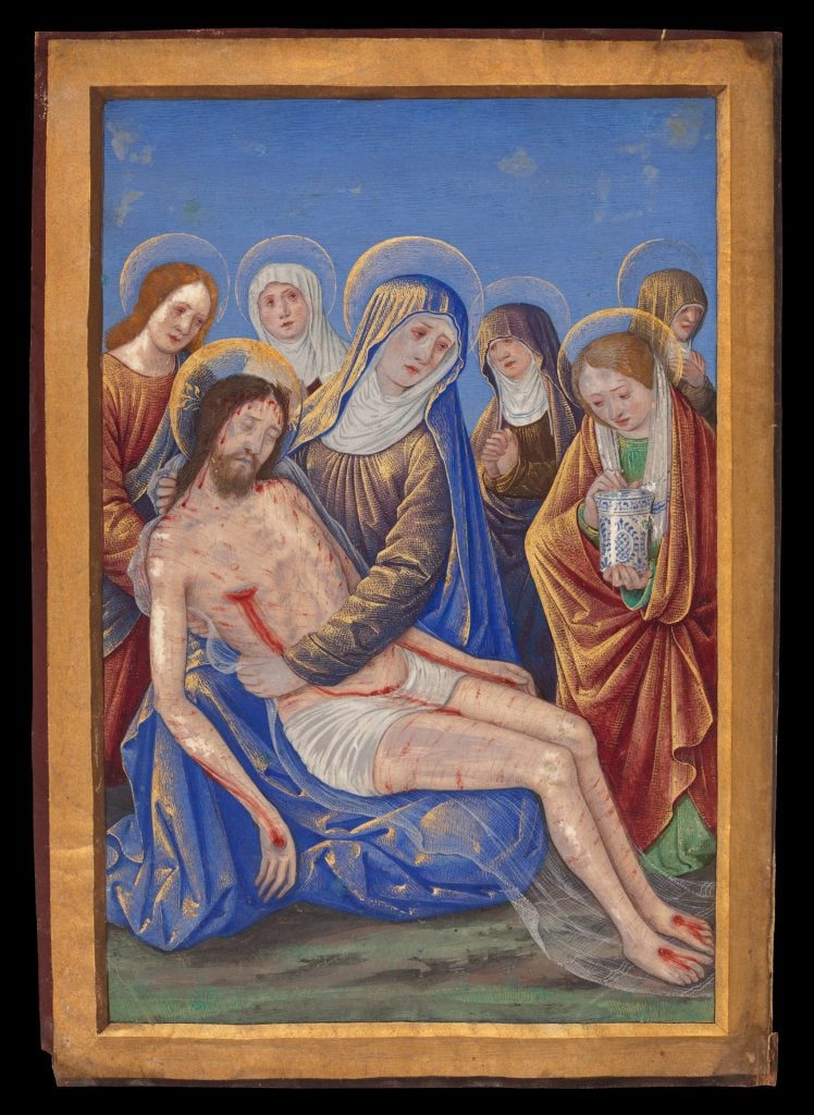 A painting by Jean Bourdichon showing Mary holding the body of Christ alongside five companions