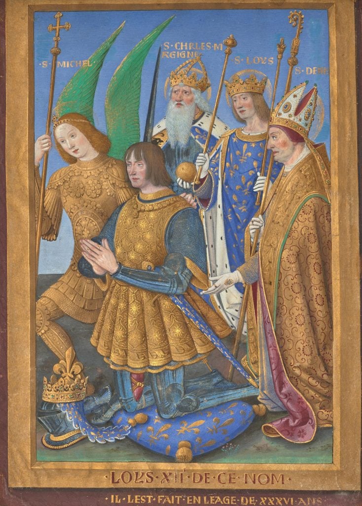 A painting by Jean Bourdichon showing Louis XII kneeling in prayer while surrounded by four patron saints