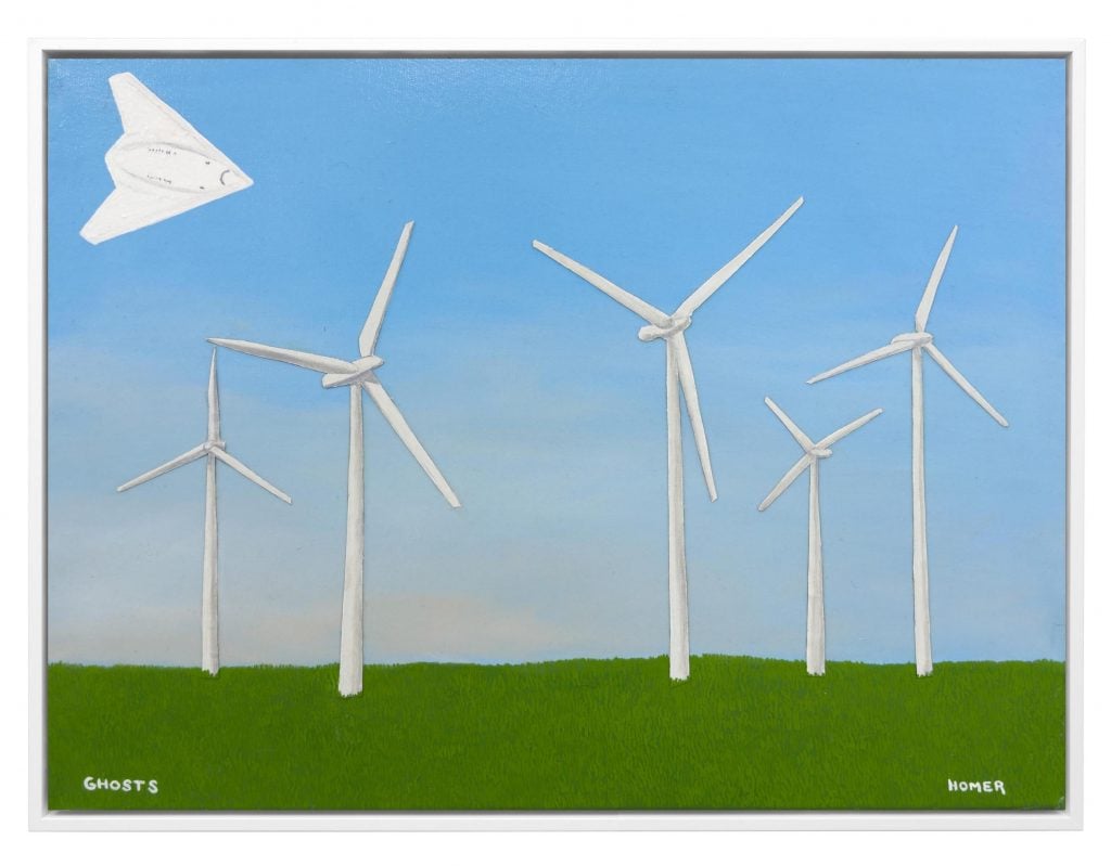 An oil painting of five wind turbines on a green landscape under a pale blue sky and a white paper airplane in the upper left corner.