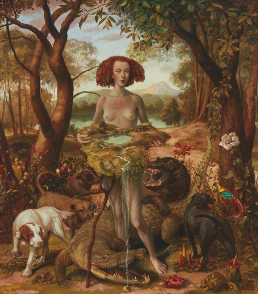 A lush landscape in the style of the Old Masters with a nude female carrying a piece of the world surrounded by animals both real and mythological, included in the art and design sale at John Moran Auctioneers.