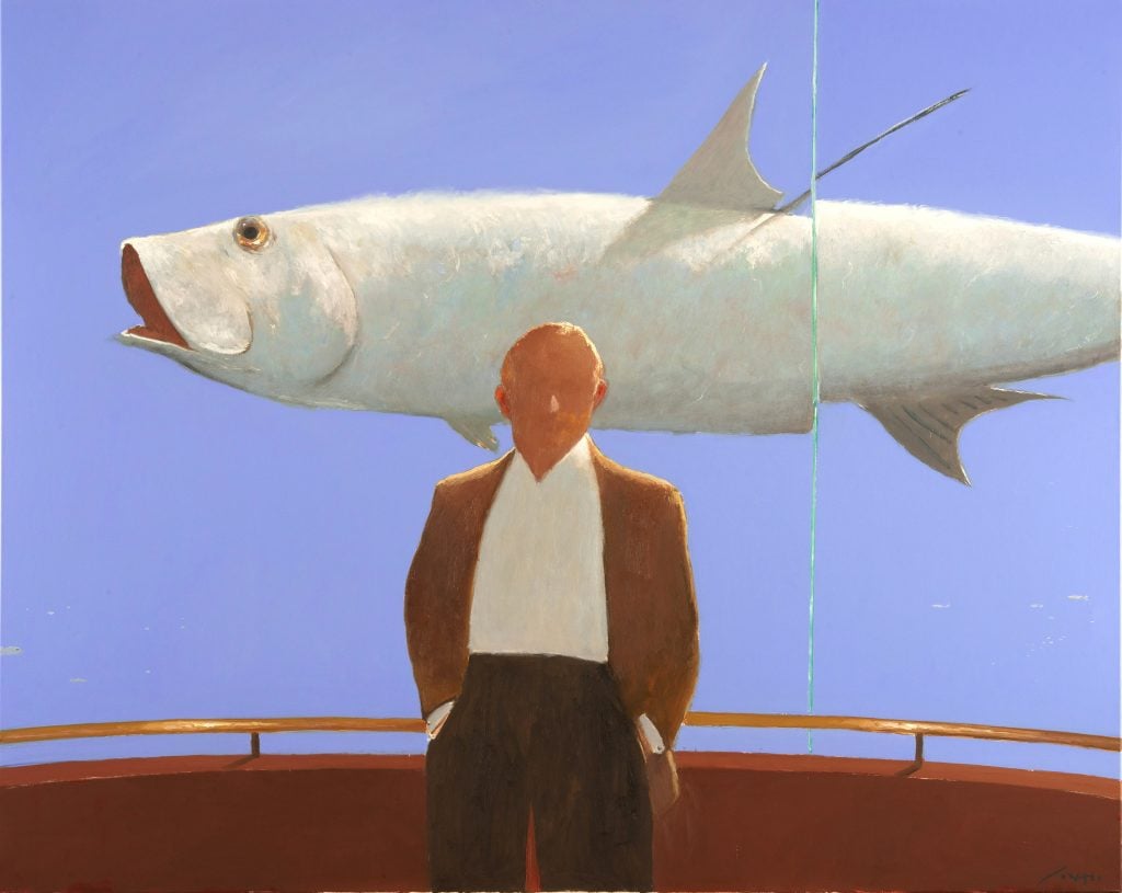 Painting by Julio Larras of a man in a white shirt and brown jacket standing in front of a blue aquarium with a man-sized fish behind his head.