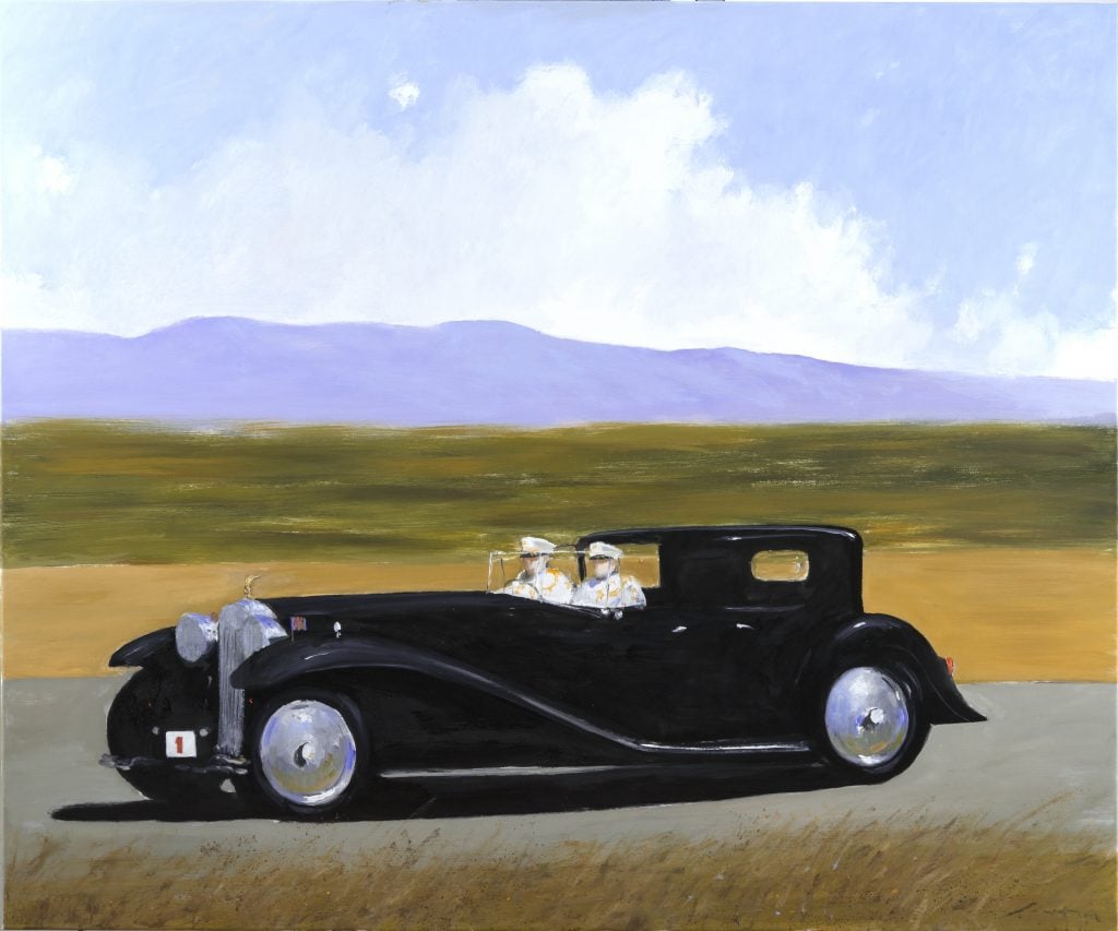Painting by Julio Larras of a vintage 1950s vintage limousine with two drivers dressed in white on a country road landscape.