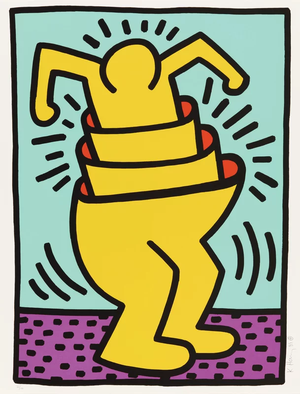Keith Haring moving figure but the body is made up of cup-like layers in its middle. Yellow figure with turquoise blue ground.