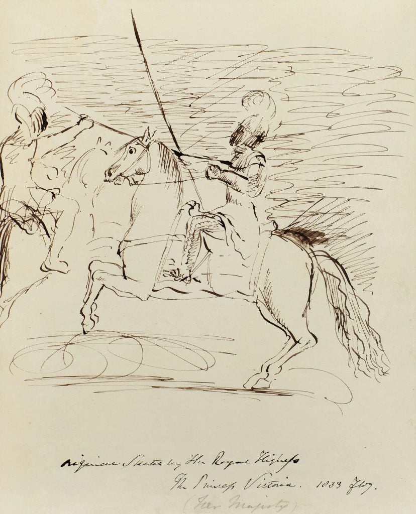 A sketch of a knight on horseback by Queen Victoria, dated 1833. Courtesy of Rosebery's Auctions.