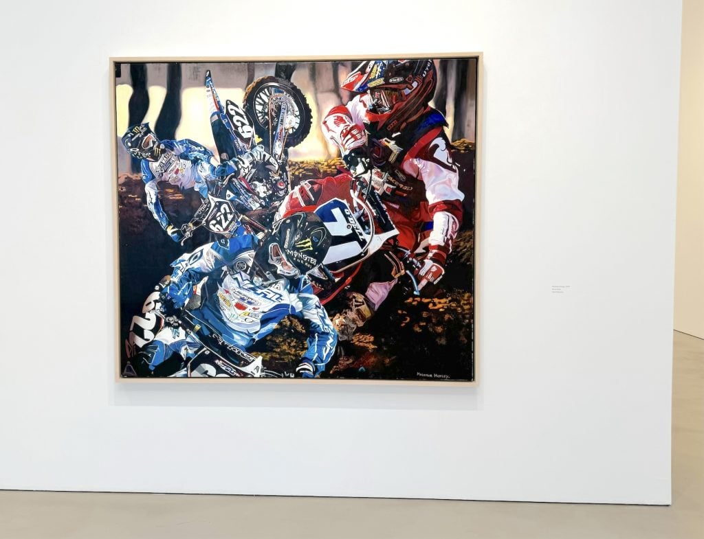 A painting of a chaotic scene of motorcycle riders