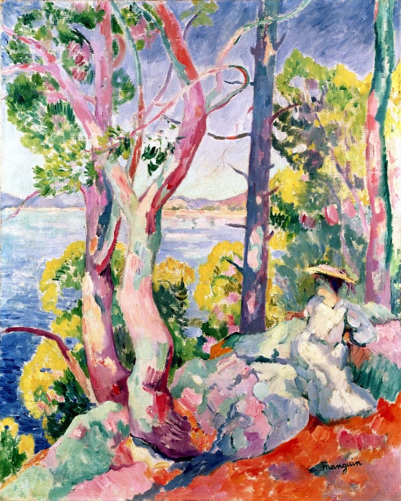 A colorful landscape by Henri Manguin showing a woman in a hat beside a lake