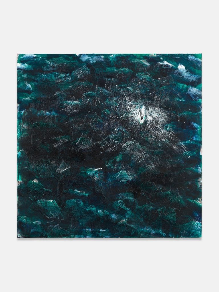 An abstract painting with blues, teals, and white.