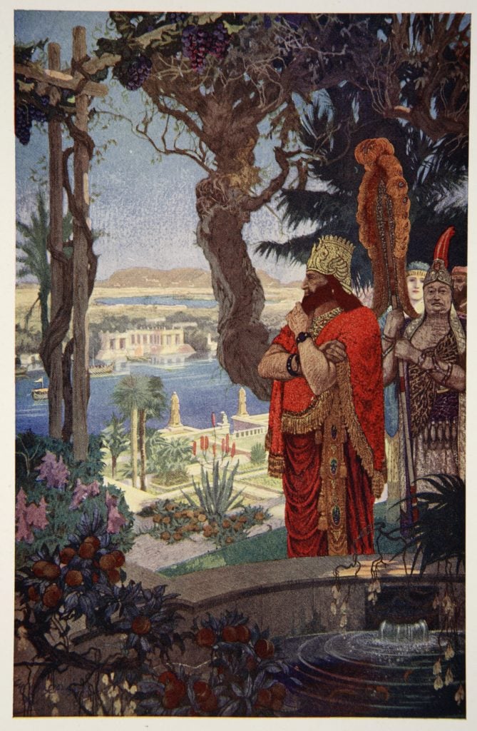 Colorful illustration of Nebuchadnezzar, clad in red robes, looking over the Hanging Gardens of Babylon, an idyllic garden pictured at a distance