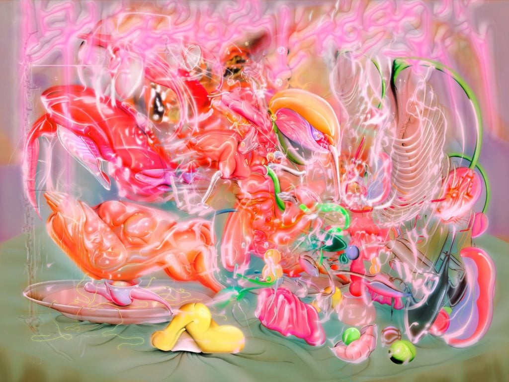 An abstract composition full of swirling bright and pastel shades of pink, ,featured in the exhibition I am Because We are