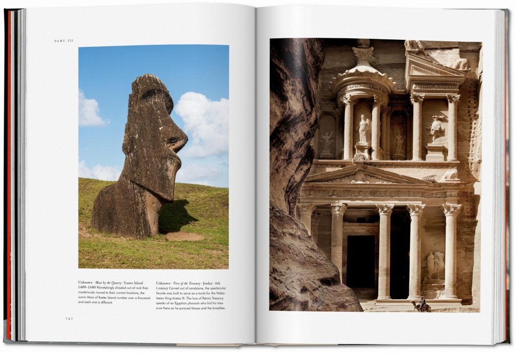 A book flipped open to reveal an Easter Island statue on one side and Petra in Jordan on the other