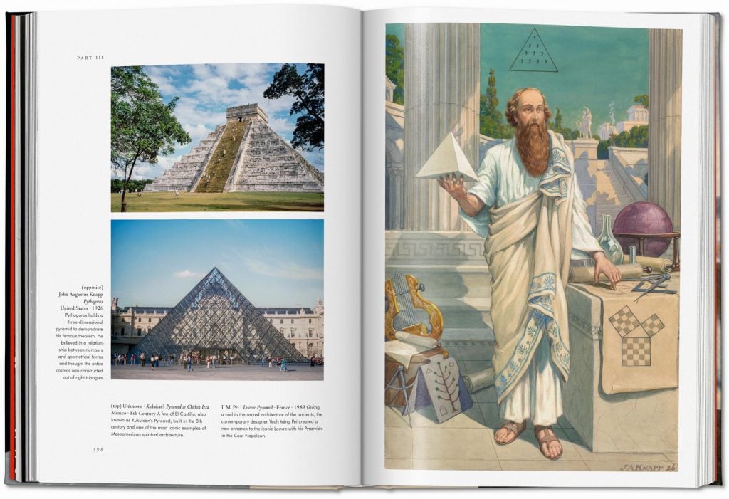 A book flipped open to reveal three renditions of pyramids, including the Louvre museum