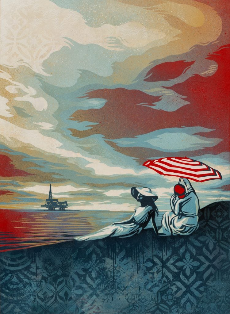 A tri-color screenprint in red white and blue by shepard fairey featuring a woman lounging on a brocade pattern beach and a man opening a striped umbrella, and in the distance on the horizon in the water a oil drilling rig is visible, included in the exhibition created by Jane Fonda and Gagosian for climate reform in Los Angeles.