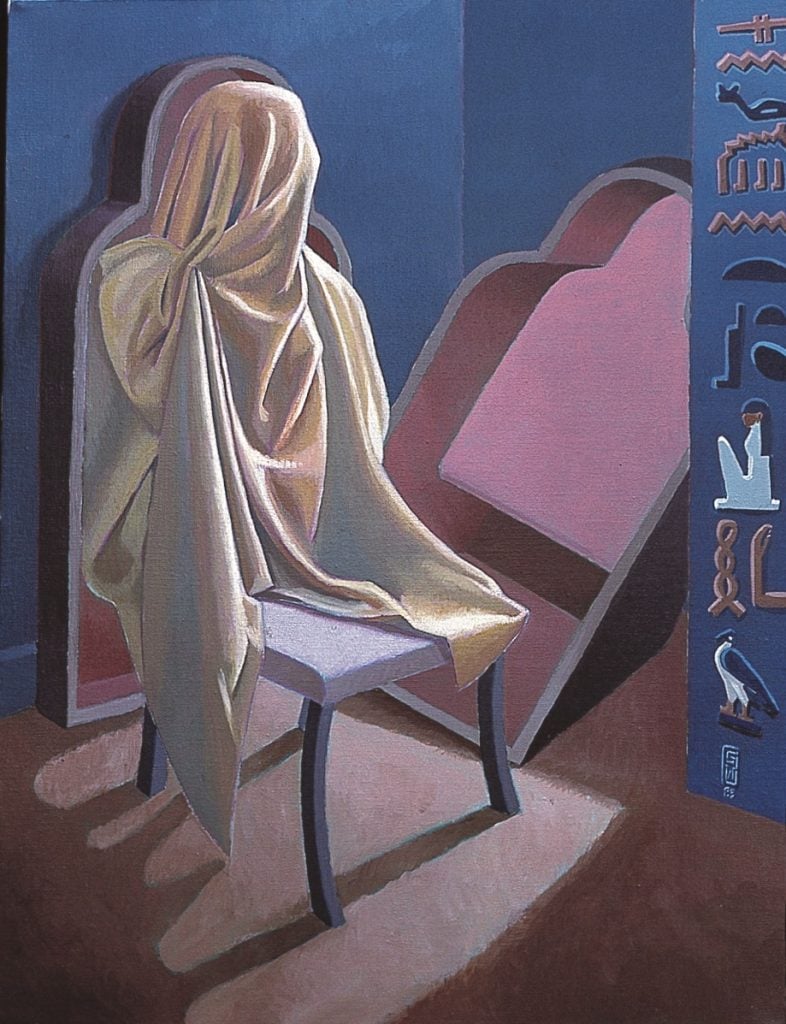 An acrylic on canvas painting of a shrouded chair in front of the open silhouette of a coffin in mauve, with dim moonlight showing through the window; included in the forthcoming edition of Independent 20th Century.