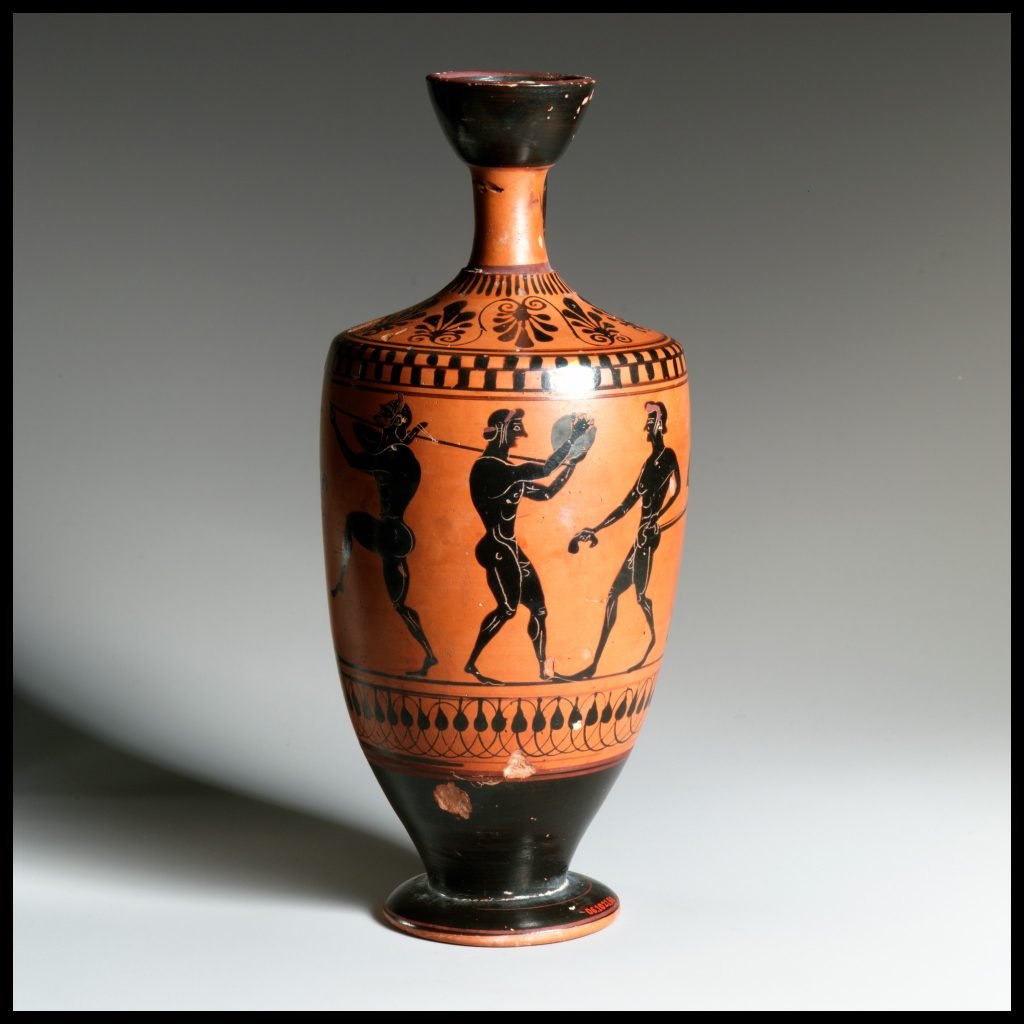 Black-figure terracotta vessel with five athletes practicing discus throw, jumping, weights, and javelins.