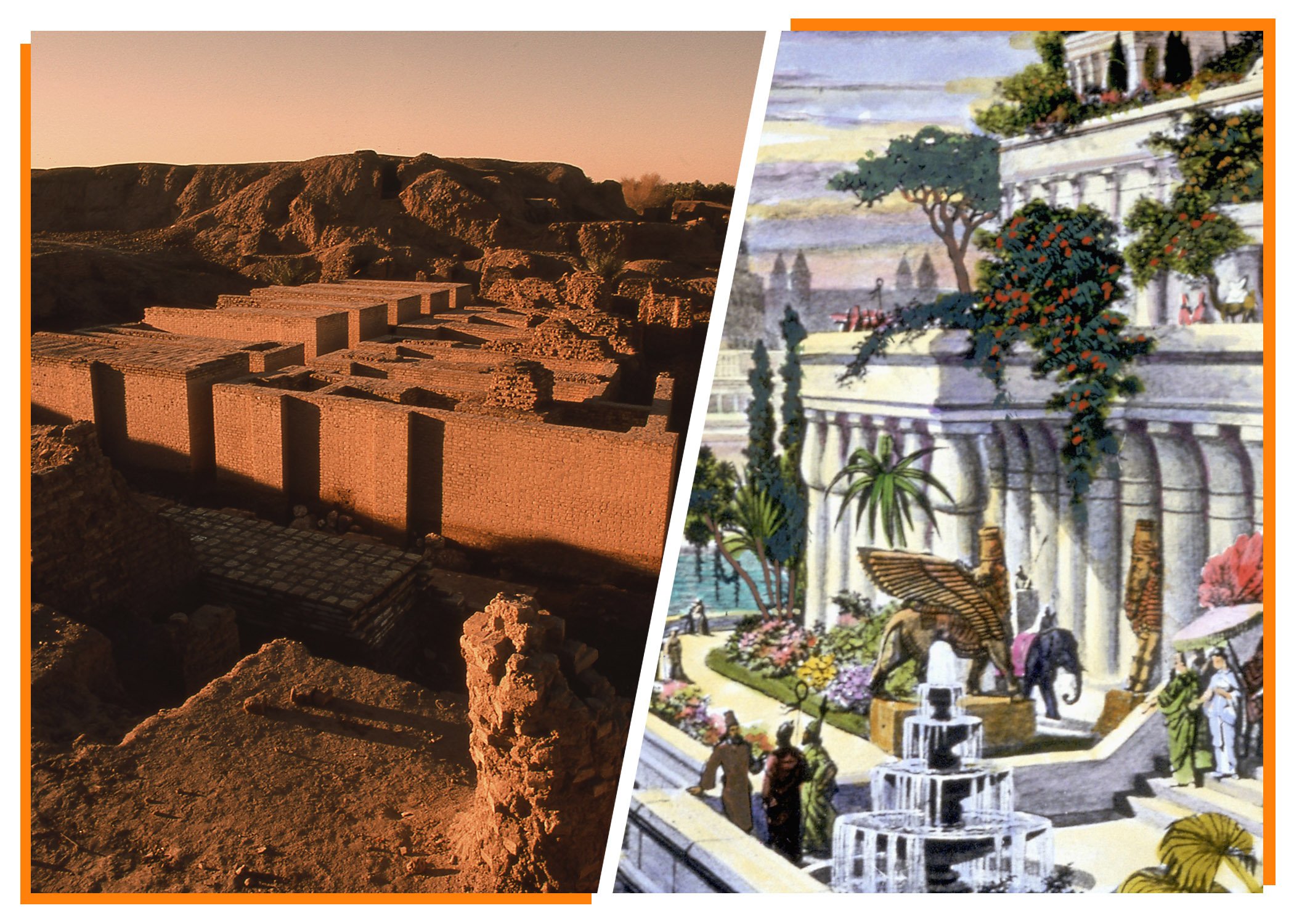 A left panel showing excavated brick walls during sunset, and a right panel showing an illustration of the Hanging Gardens of Babylon