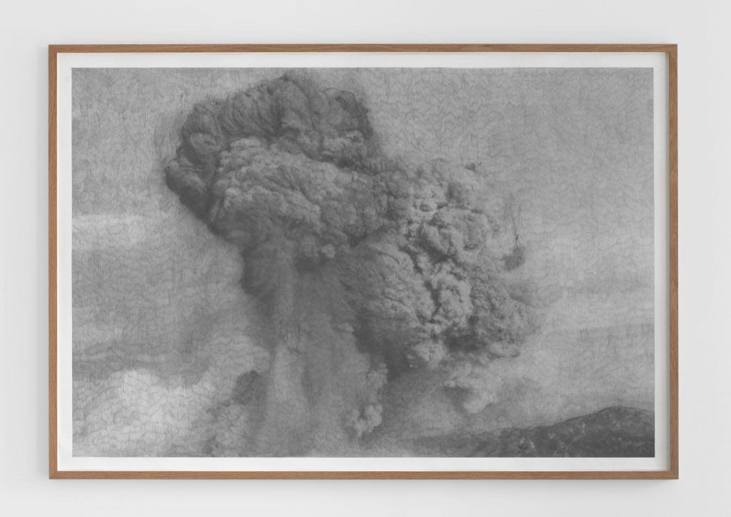 A black and white drawing of two plumming smoke clouds featured in the group exhibition Nature's Reflection.