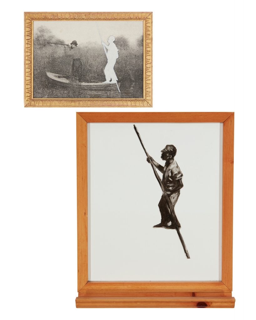 Two framed images, on top a black and white drawing of two men on a row boat in the brush, the one in the front looking forward with a trained shotgun, the one in the back is just a void that has been cut out into the shape of a man with a push stick, the image below is that man with the stick on a white field.