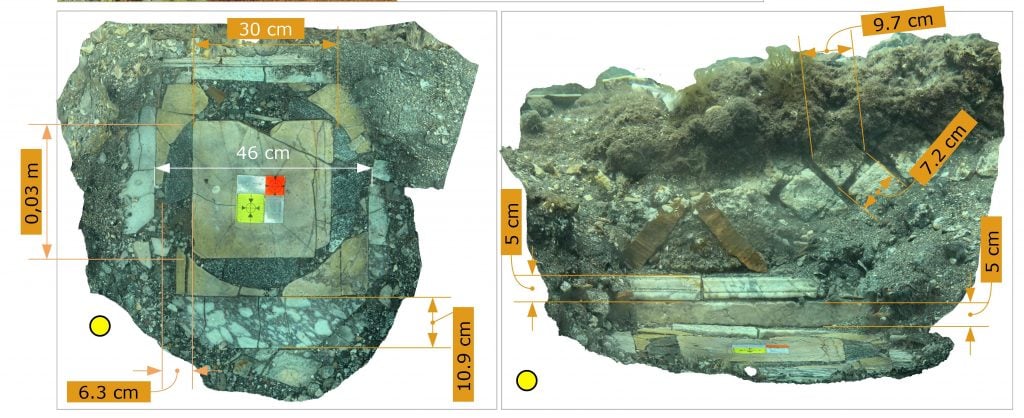 Two close ups of the tiles in an ancient Roman mosaic floor.