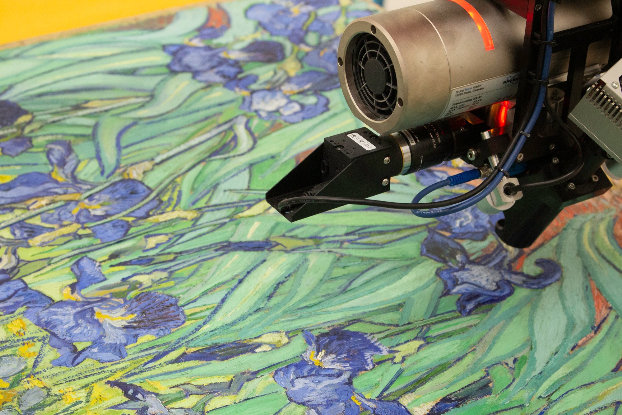 A microscopic tool positioned over Van Gogh's painting, Irises.