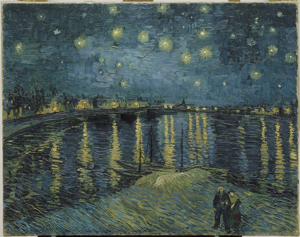 Vincent Van Gogh's painting of a night sky, reflected in the River Rhone, with two people in the foreground