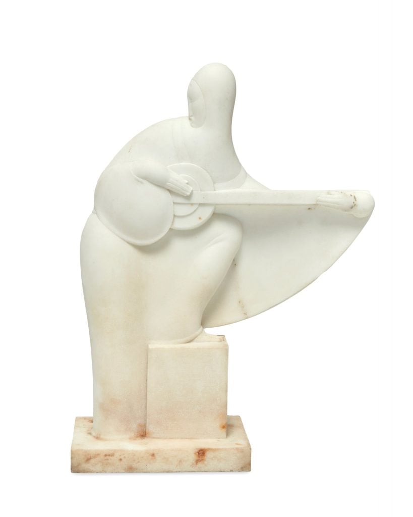 A carved abstract figurative sculpture in white marble by Victor Brecheret included in the Art and Design sale at John Moran.