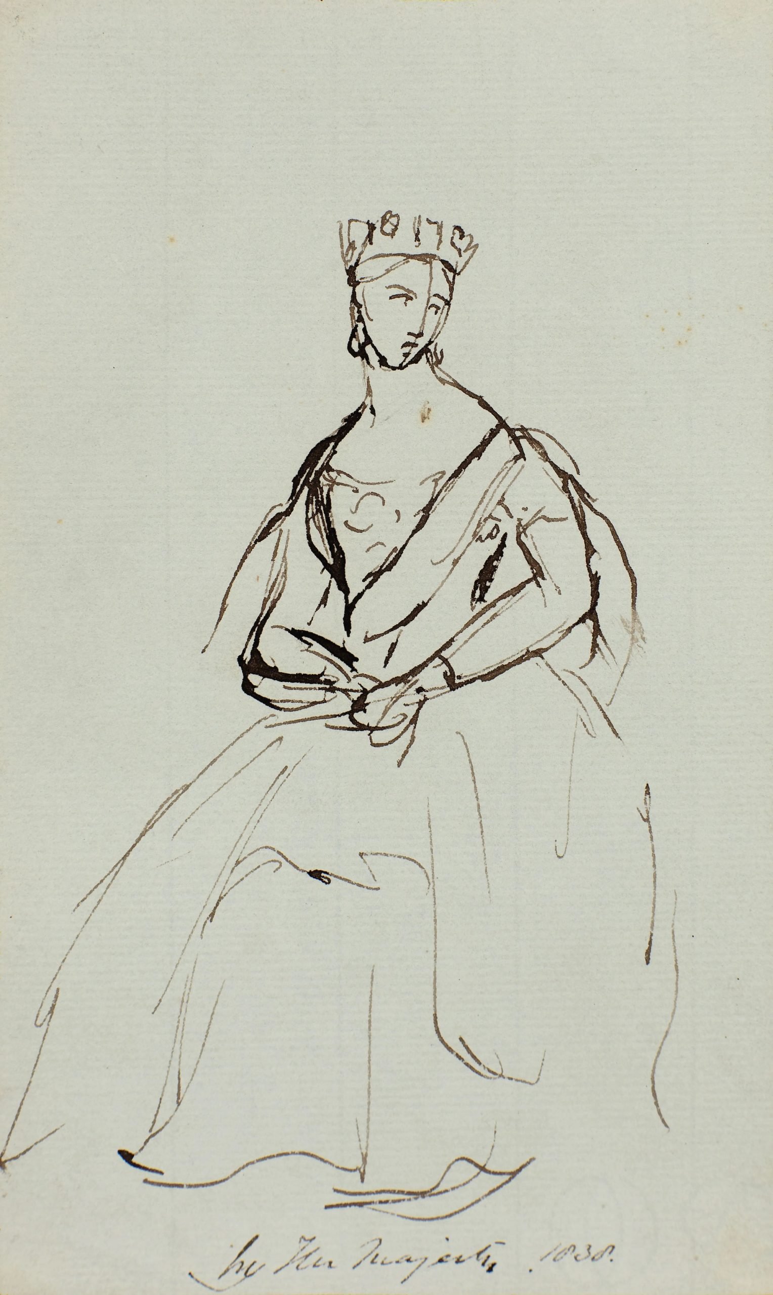 A sketch of a seated woman wearing a crown