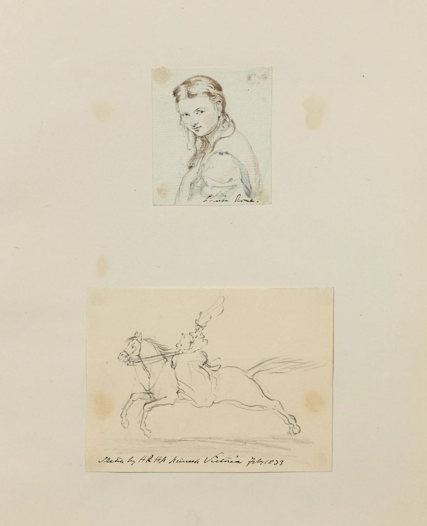 Two sketches by Queen Victoria, one of a young woman and one of a woman riding a horse. Courtesy of Rosebery's Auctions.