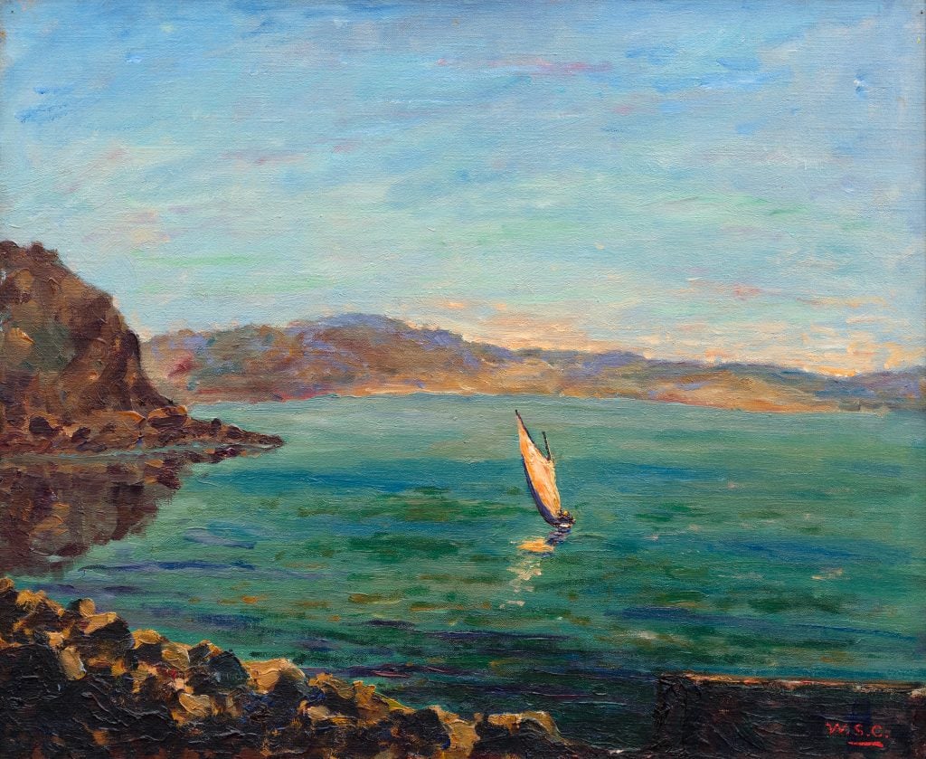 Pastel landscape of a rocky cove with a small sailboat.