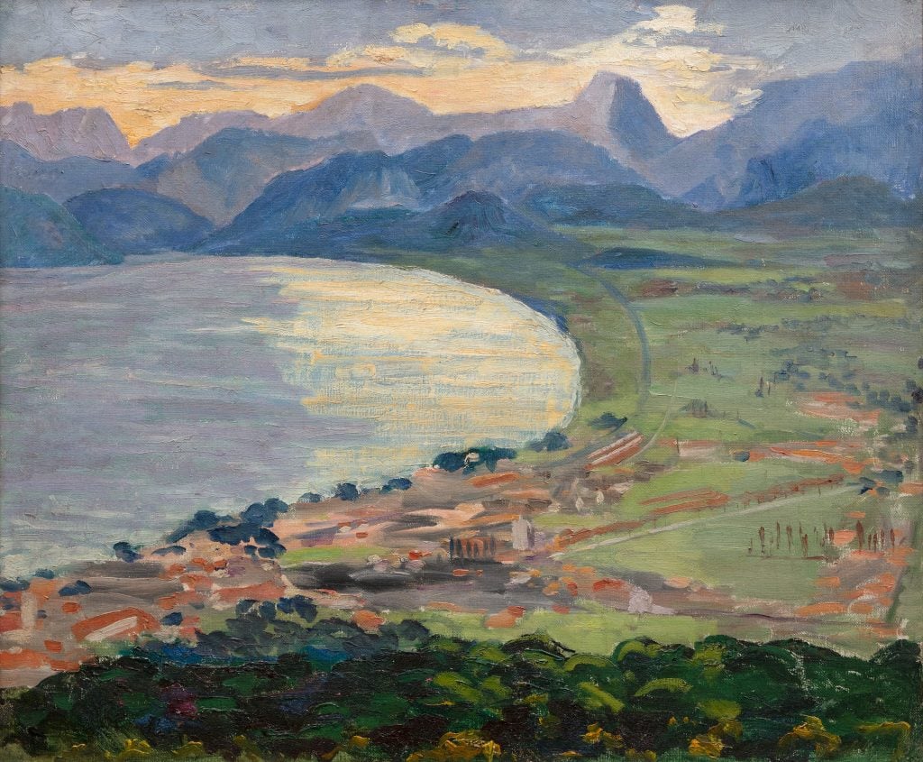 Landscape painting of a bay with a small village on the near side and rocky mountains on the far side.