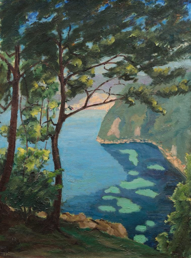 Portrait oriented landscape painting showing a cove surrounded by wooded hills with two saplings in the foreground, painted by Winston Churchill.