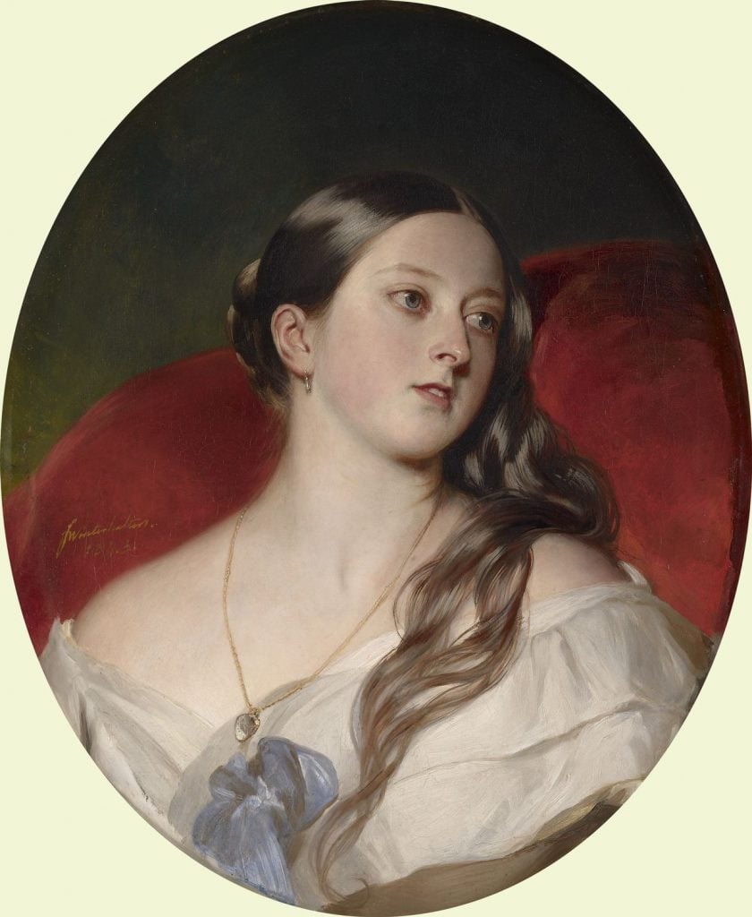 A portrait of Queen Victoria reclining on a red surface, her hair is loose, her neck exposed, and her eyes gazing to the right