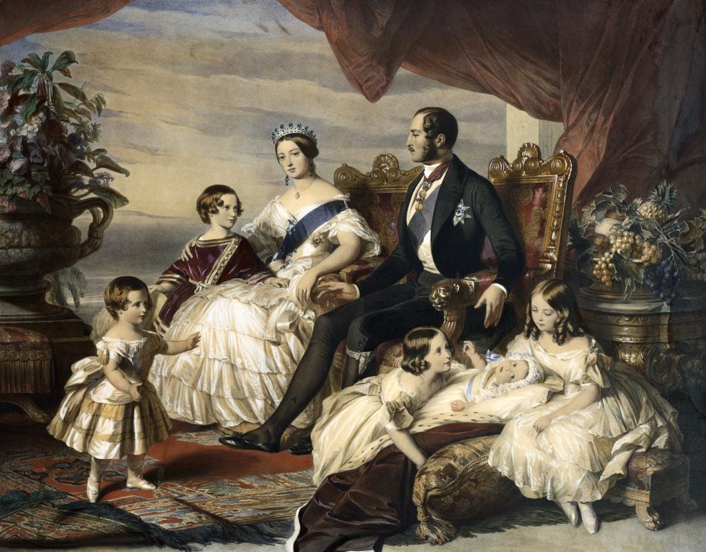 Painting of Queen Victoria and Prince Albert sitting on royal thrones, surrounded by their five children