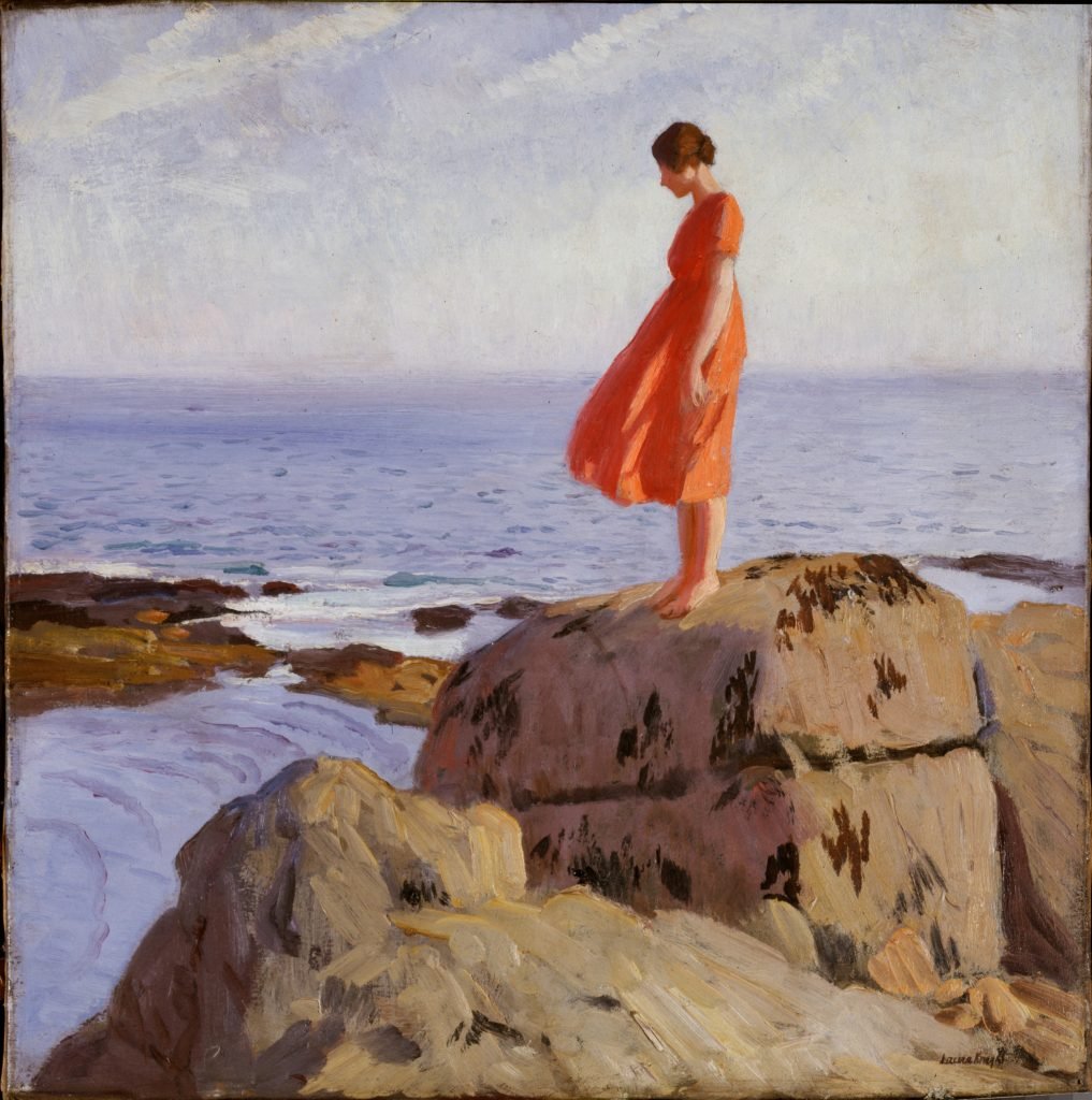 a painting in which a woman in an organge dress stands on a rock looking out to sea