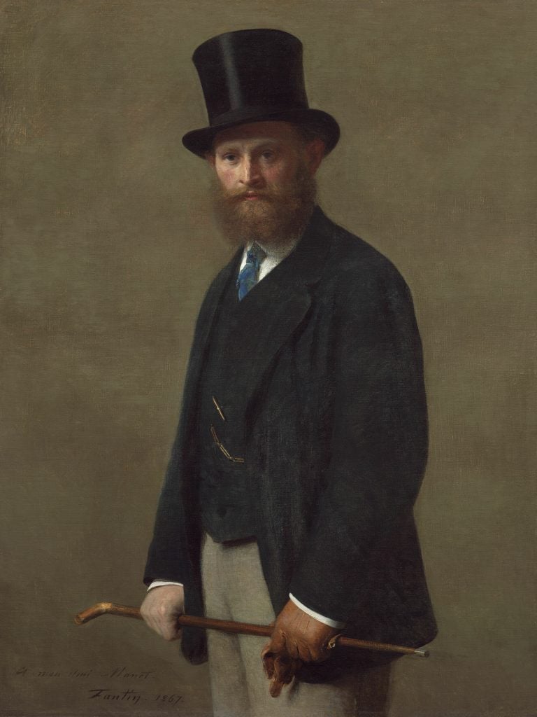 a portrait of the artist Edouard Manet, with a black coat and top hat as well and a medium-length beard