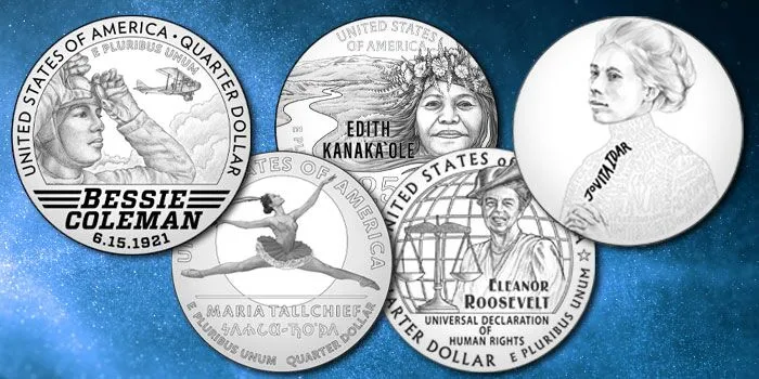 The designs for the 2023 American Women Quarters, displayed against a blue background. The honored women are Bessie Coleman, Jovita Idár, Edith Kanakaʻole, Eleanor Roosevelt, and Maria Tallchief.