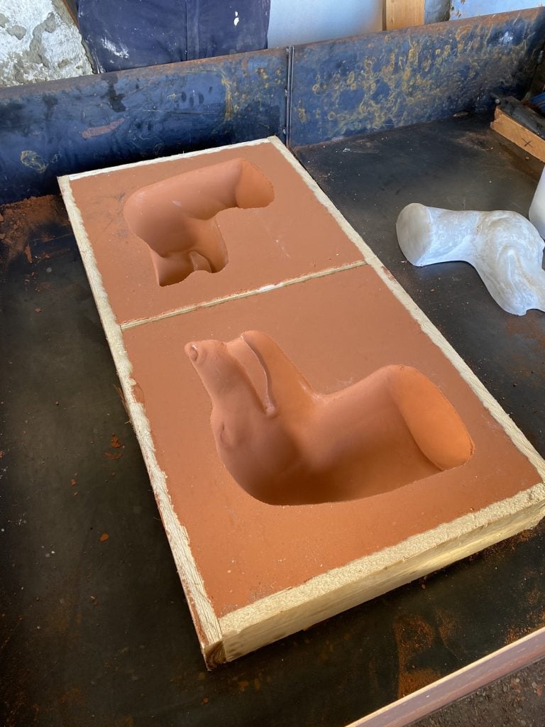 a cast of a dog's head sculpture by the artist Giulia Cenci is on the floor of her studio 