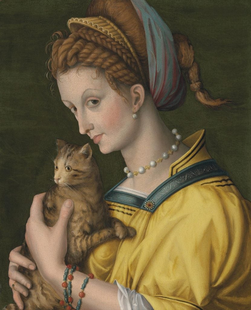 a painting of a woman in yellow holding a cat in medieval styl