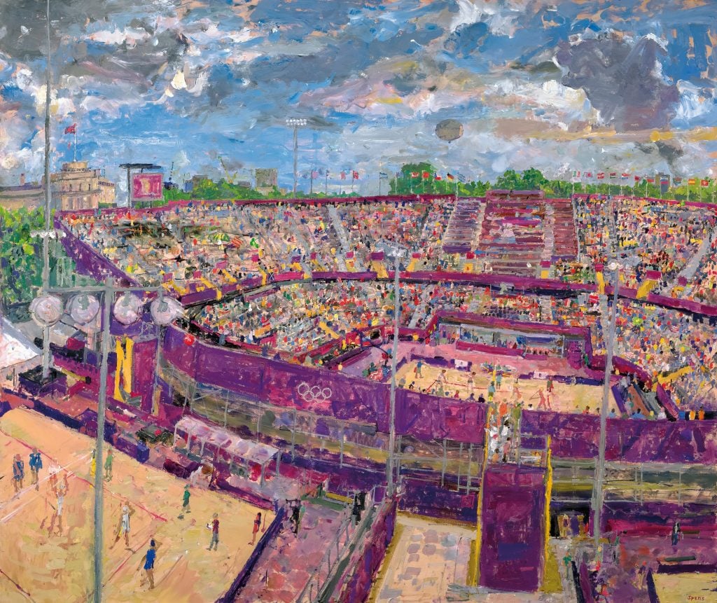 Peter Spens's painting of the 2012 Olympic beach volleyball tournament at the Horse Guards in London. Photo courtesy of the artist. 