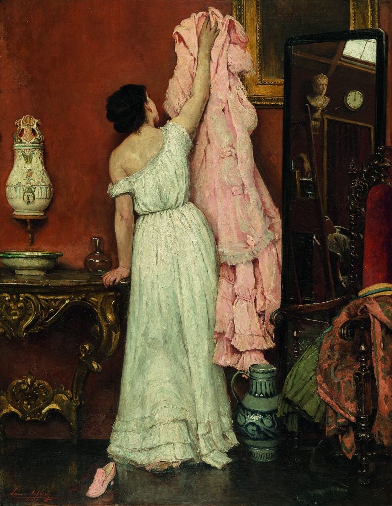 a painting in which a woman in a white dress is seen from behind reaching up to hang a pink dress in a luxurious interior with wood furniture and red walls