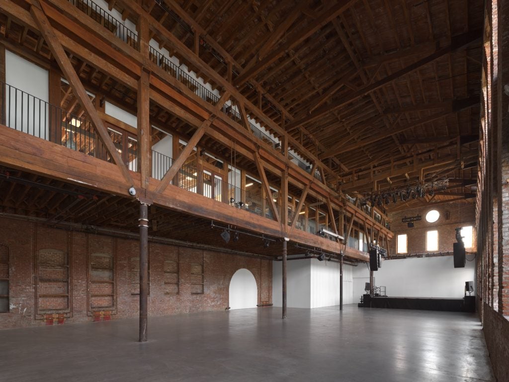 The large empty great hall at Pioneer Work in Brooklyn. 