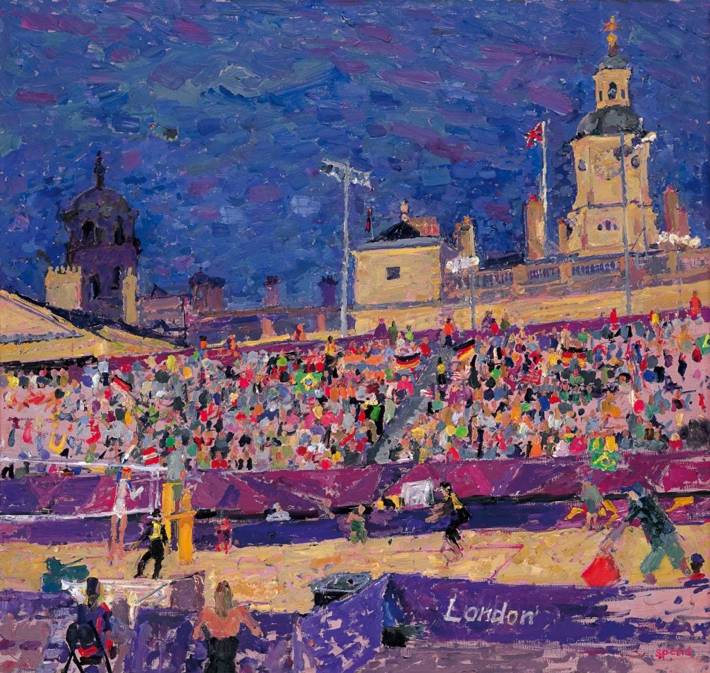 Peter Spens's painting of the 2012 Olympic beach volleyball tournament at the Horse Guards in London. Photo courtesy of the artist. 