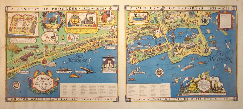 a detailed cartoonish map of the world's fair with its entertainments in Chicago from 1933