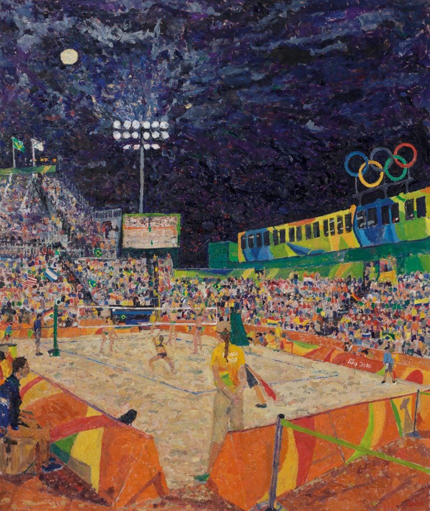 Peter Spens's nighttime painting of the 2016 Olympic beach volleyball tournament at Copacabana Beach in Rio. Photo courtesy of the artist. 